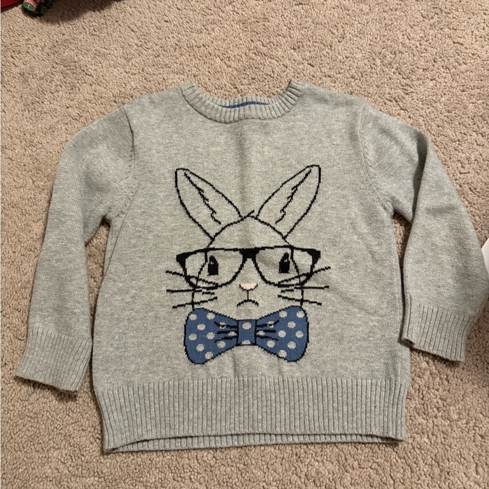 Cat & Jack Gray Sweater with Bunny and Blue Bow Tie